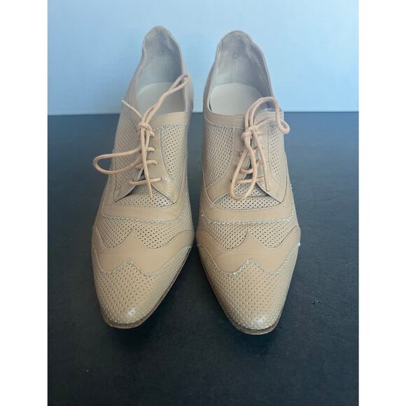 Hermes Beige Leather Almond Toe Lace Up Wing Tip Oxford Heeled Shoes 6.5 - Picture 3 of 11